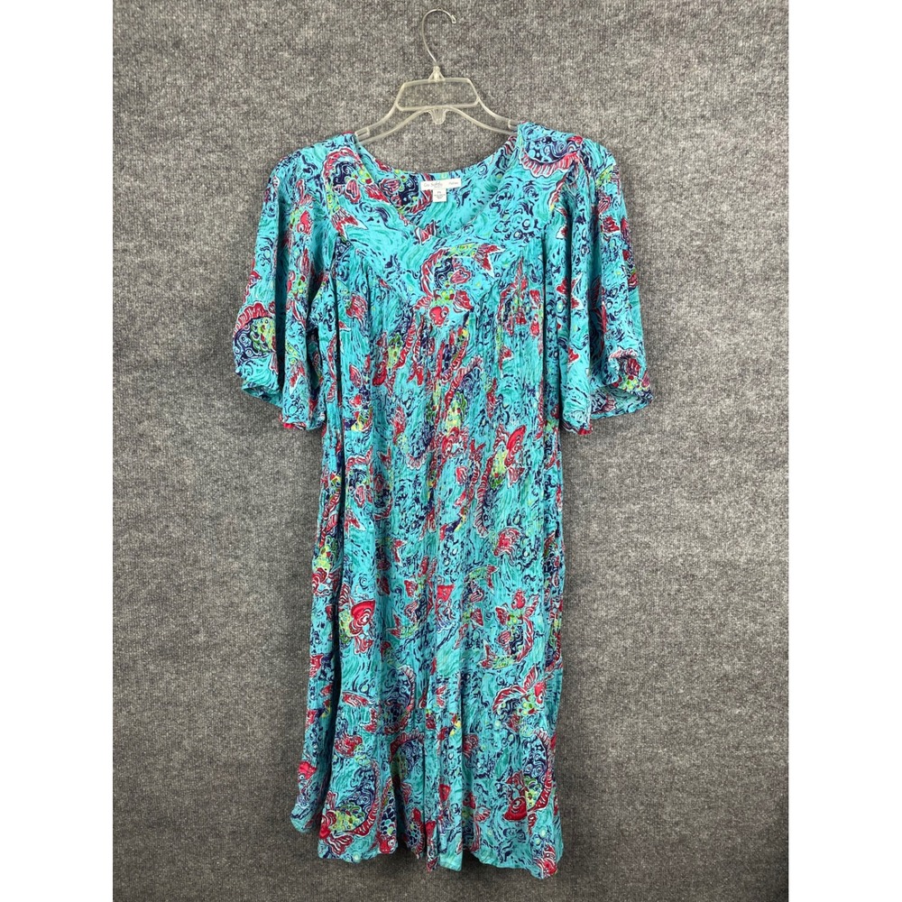 Go Softly Patio Dress Womens PL Blue Excellent Crinkle Rayon Fish Print Pocket